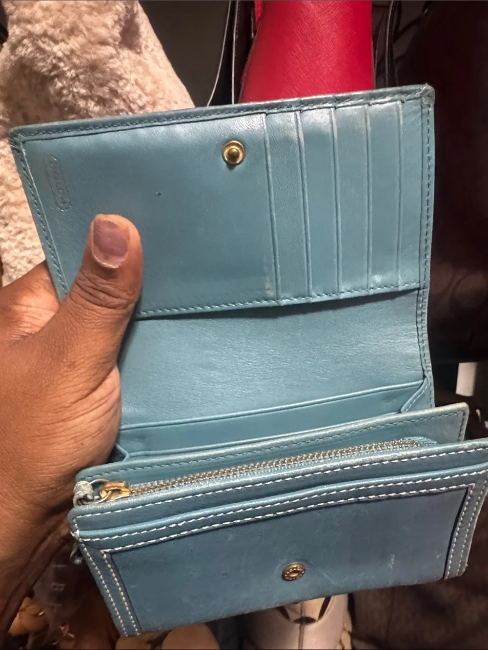 Coach Teal Leather and Signature Canvas Wallet with Gold-Tone Accent